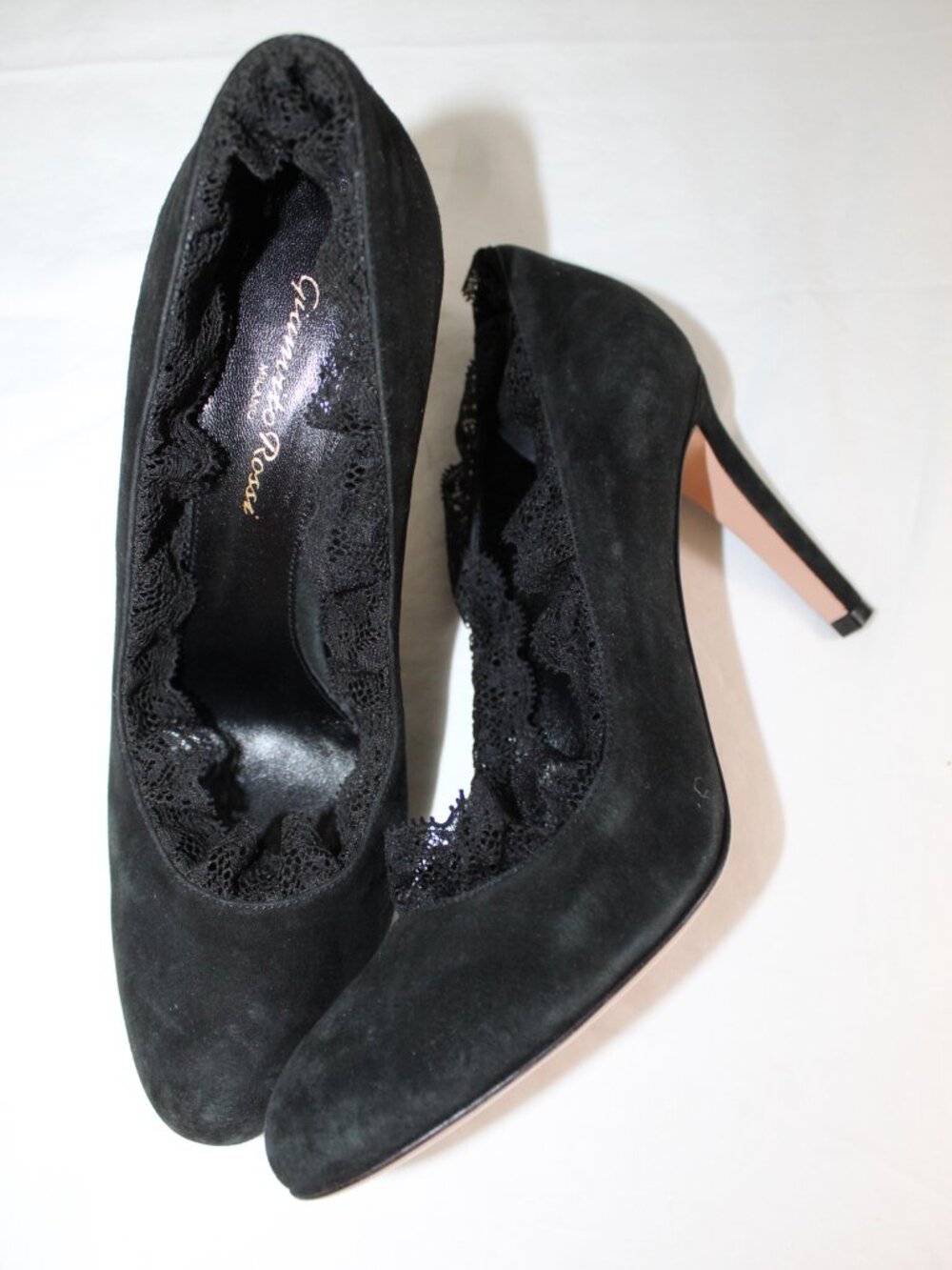 Gianvito Rossi Black Suede Leather Lace Trim Pumps Heels Leather 38.5
